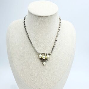 Vintage Rhinestone Pearl Drop Necklace Silver Tone Crystal Statement